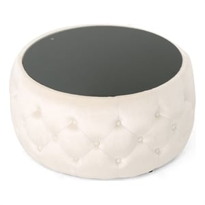 Benjara Ottoman Coffee Table- Beige Tufted Velvet- 30&quot Round Glass Top