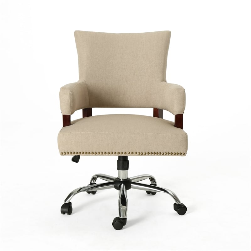 Benjara Lini Rolling Office Chair- Beige- Nailhead Trim- Swivel- Chrome Metal