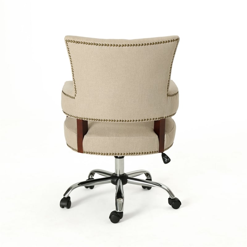 Benjara Lini Rolling Office Chair- Beige- Nailhead Trim- Swivel- Chrome Metal