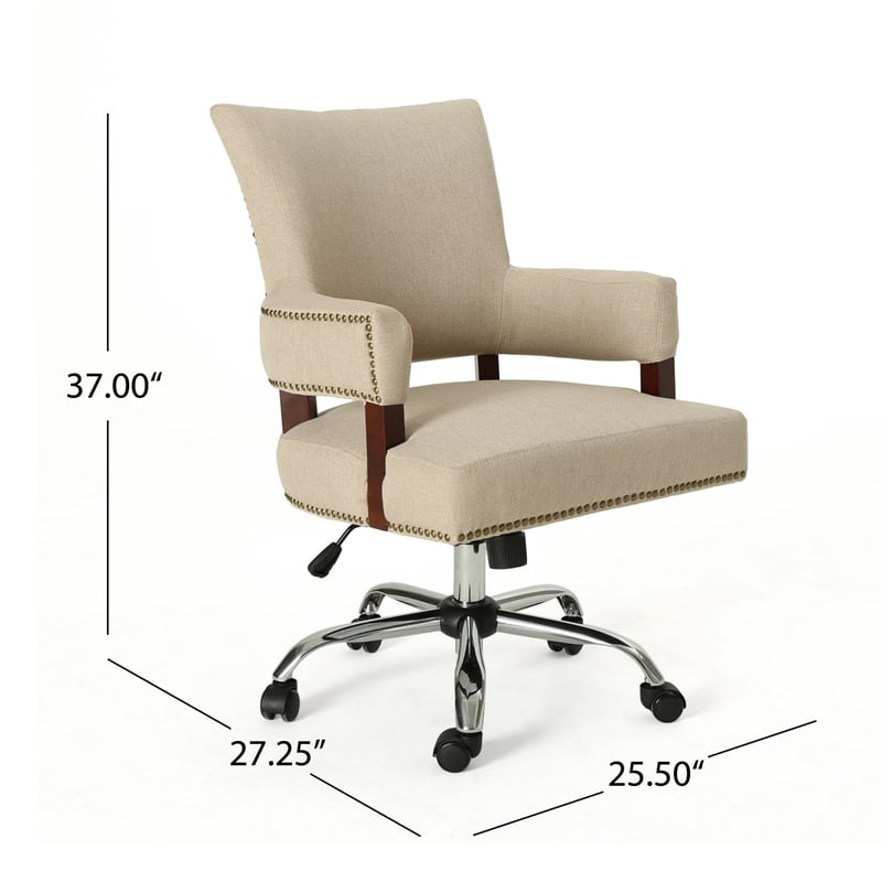Benjara Lini Rolling Office Chair- Beige- Nailhead Trim- Swivel- Chrome Metal