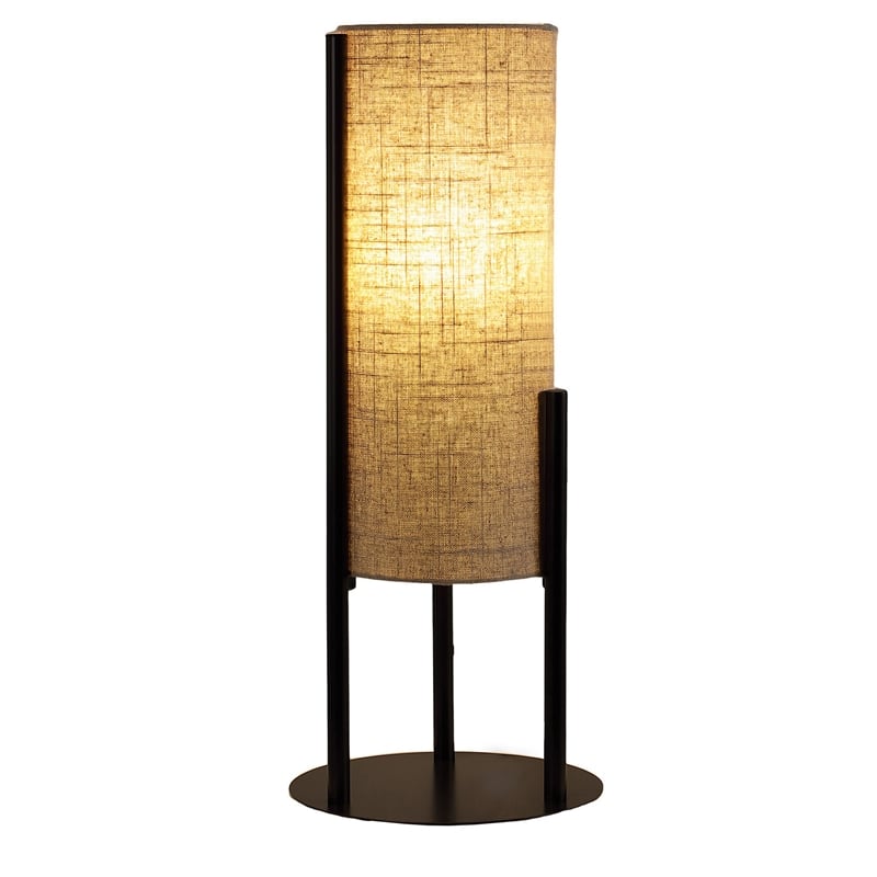Benjara Modern Table Lamp- Upright Beige Linen Drum Shade- Black Metal 22 Inch