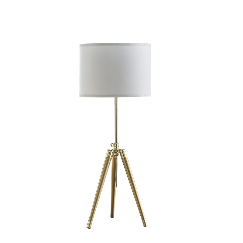 Benjara Kera Table Lamp- White Drum Shade- Brass Gold Tripod Base 39