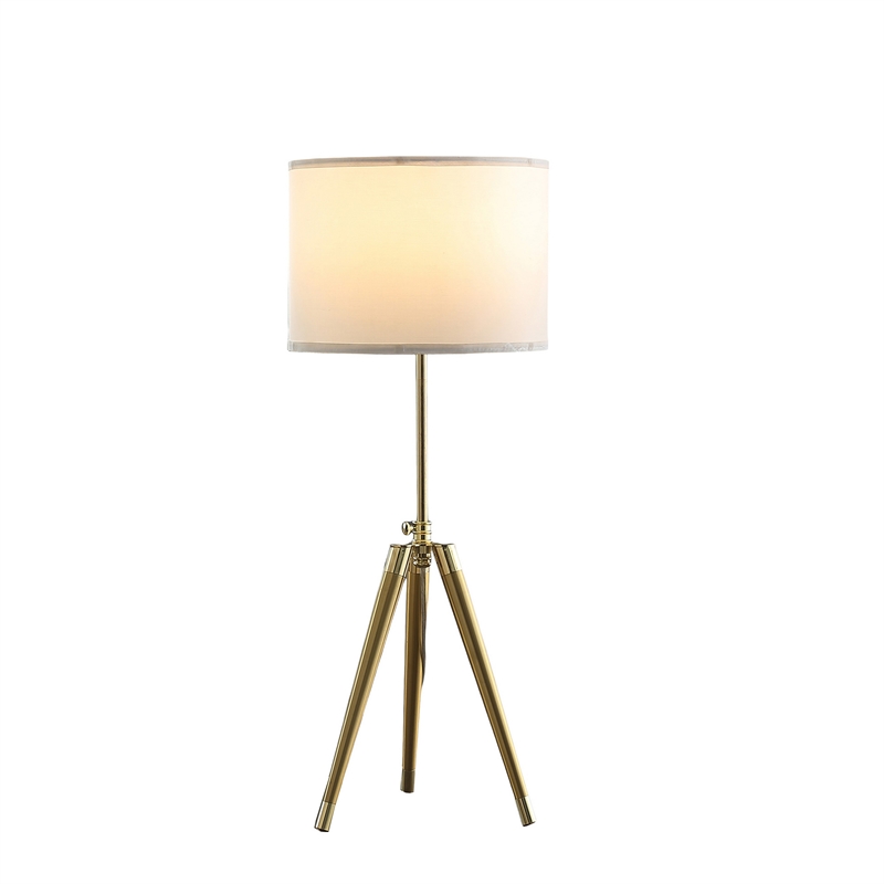 Benjara Kera Table Lamp- White Drum Shade- Brass Gold Tripod Base 39