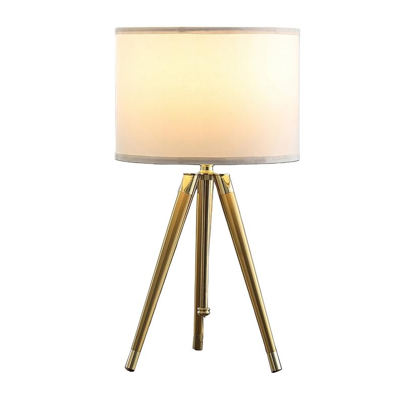 Benjara Kera Table Lamp- White Drum Shade- Brass Gold Tripod Base 39