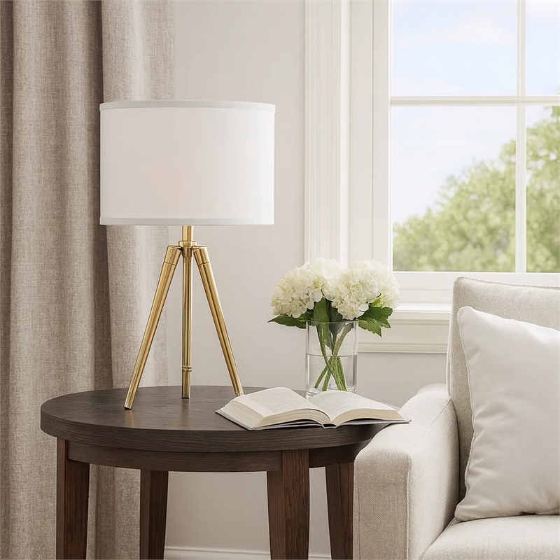 Benjara Kera Table Lamp- White Drum Shade- Brass Gold Tripod Base 39