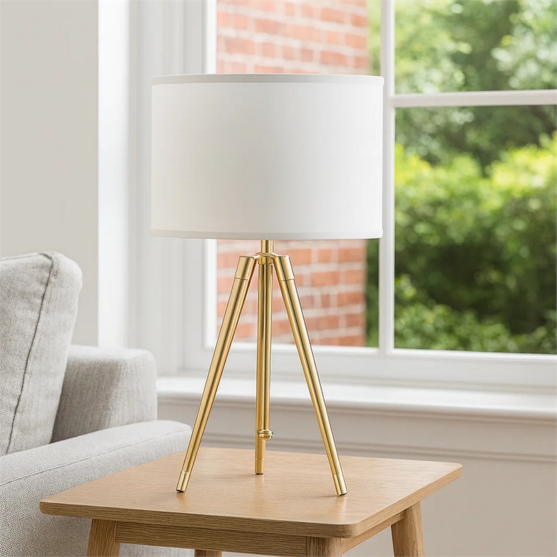 Benjara Kera Table Lamp- White Drum Shade- Brass Gold Tripod Base 39
