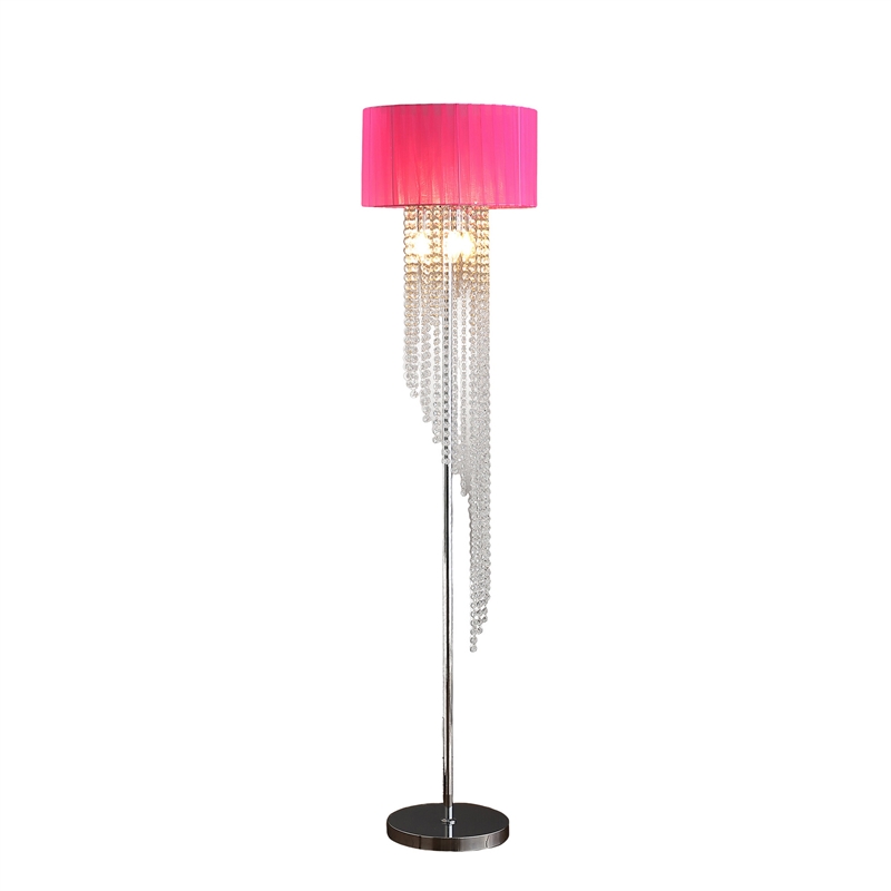 Benjara Mero Floor Lamp- Suspended Crystal Rain Chains- Pink Shade- 53