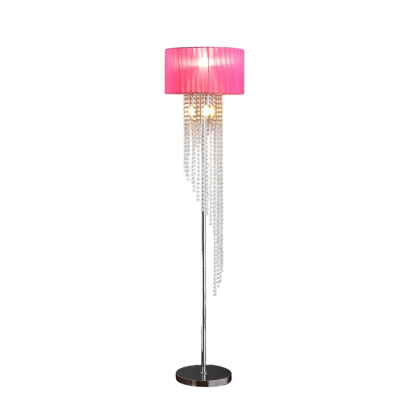 Benjara Mero Floor Lamp- Suspended Crystal Rain Chains- Pink Shade- 53