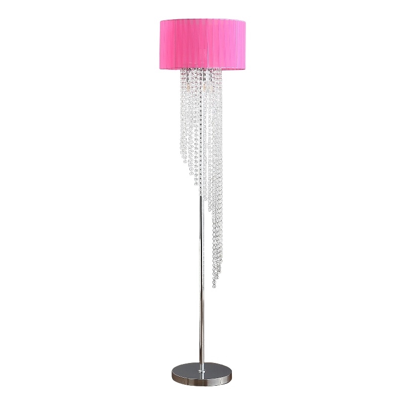 Benjara Mero Floor Lamp- Suspended Crystal Rain Chains- Pink Shade- 53