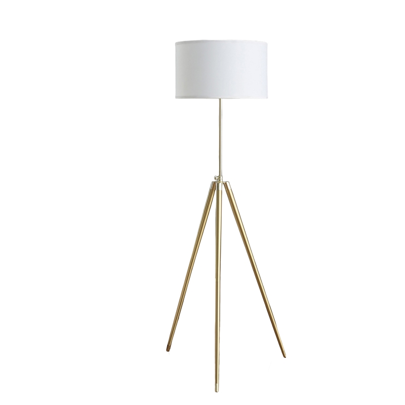 Benjara Kera Floor Lamp- White Drum Shade- Brass Gold Tripod Base 64