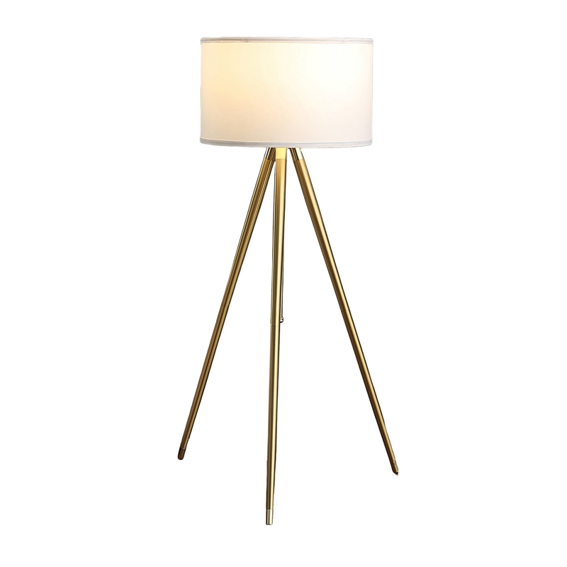 Benjara Kera Floor Lamp- White Drum Shade- Brass Gold Tripod Base 64