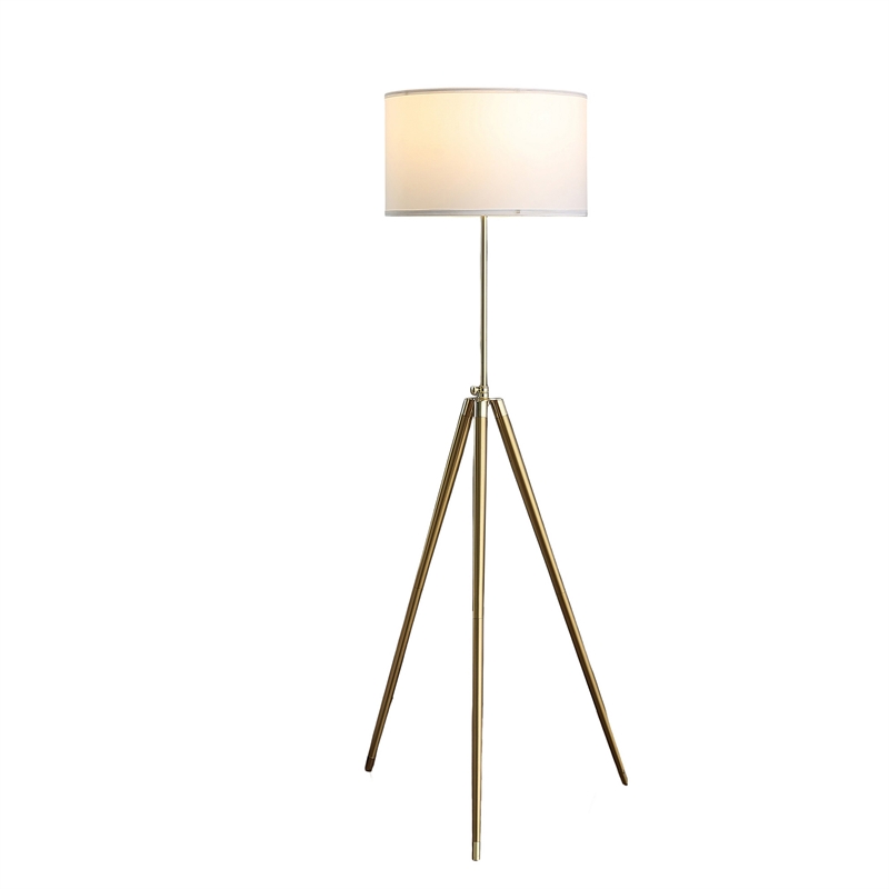 Benjara Kera Floor Lamp- White Drum Shade- Brass Gold Tripod Base 64