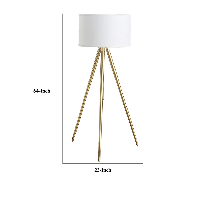 Benjara Kera Floor Lamp- White Drum Shade- Brass Gold Tripod Base 64
