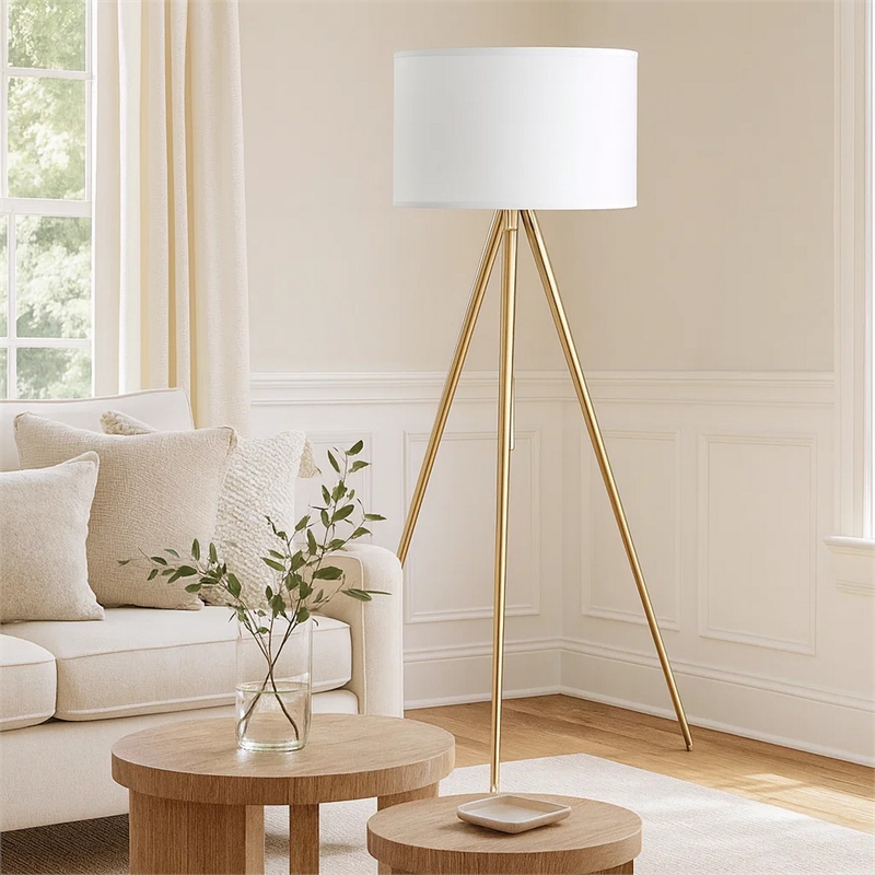 Benjara Kera Floor Lamp- White Drum Shade- Brass Gold Tripod Base 64