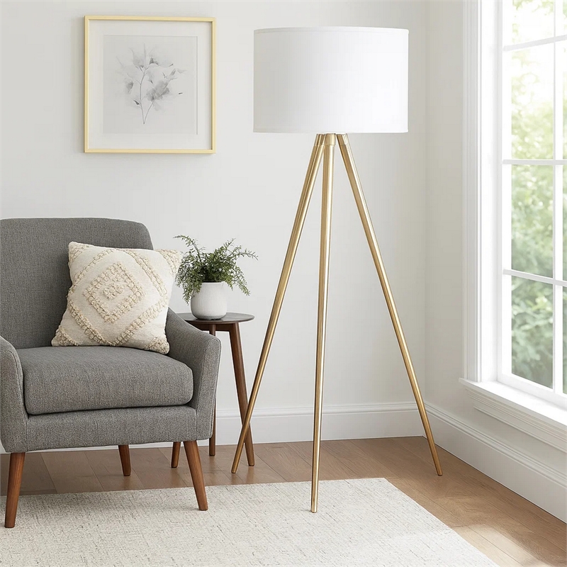 Benjara Kera Floor Lamp- White Drum Shade- Brass Gold Tripod Base 64