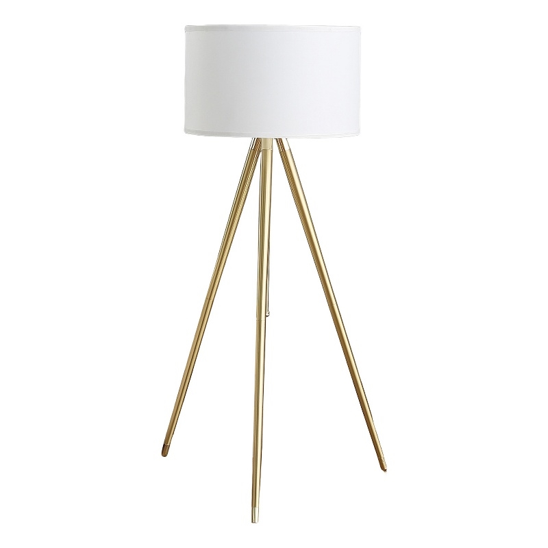 Benjara Kera Floor Lamp- White Drum Shade- Brass Gold Tripod Base 64