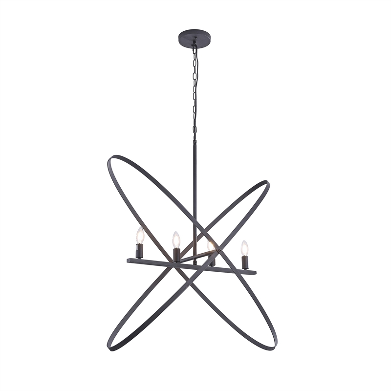 Benjara Modern Chandelier- 4 LED Light- Black Cross Band- Brass Metal 38 Inch