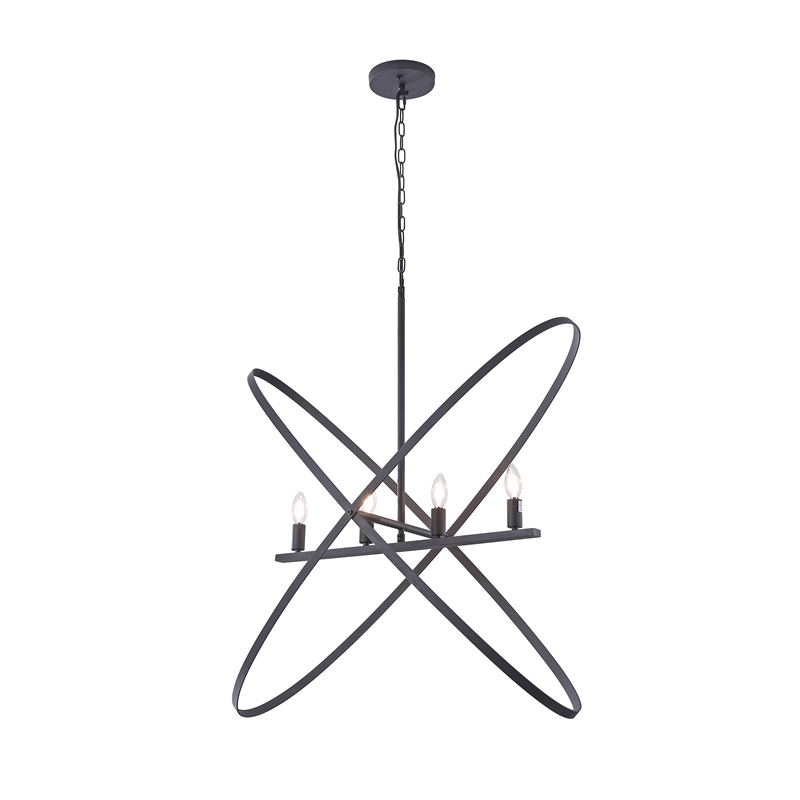 Benjara Modern Chandelier- 4 LED Light- Black Cross Band- Brass Metal 38 Inch