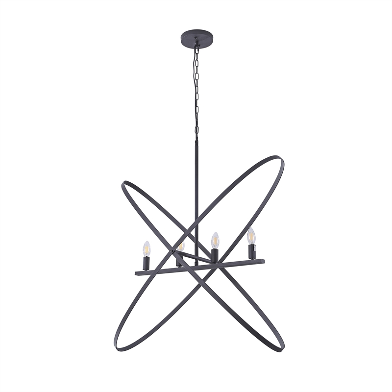 Benjara Modern Chandelier- 4 LED Light- Black Cross Band- Brass Metal 38 Inch