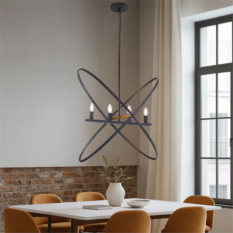 Benjara Modern Chandelier- 4 LED Light- Black Cross Band- Brass Metal 38 Inch