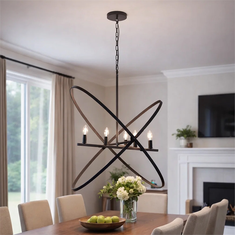 Benjara Modern Chandelier- 4 LED Light- Black Cross Band- Brass Metal 38 Inch