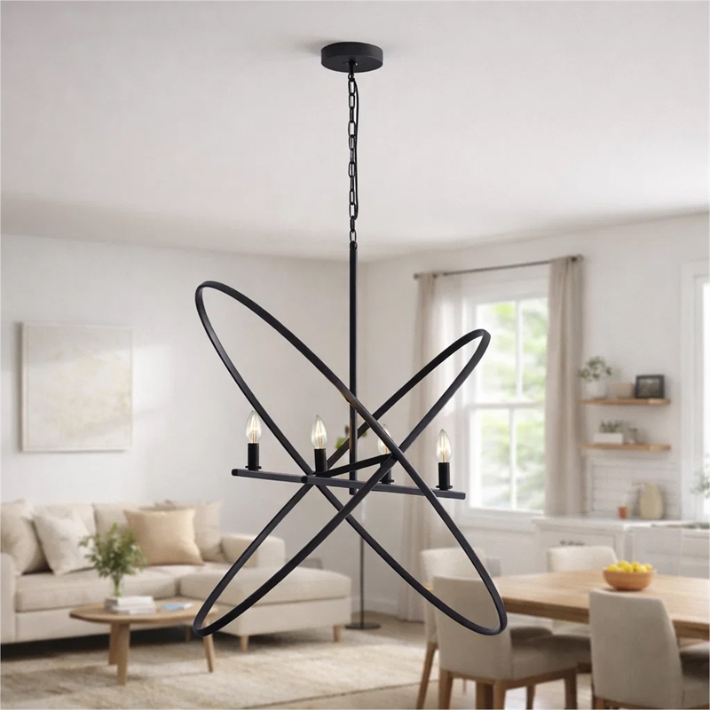 Benjara Modern Chandelier- 4 LED Light- Black Cross Band- Brass Metal 38 Inch