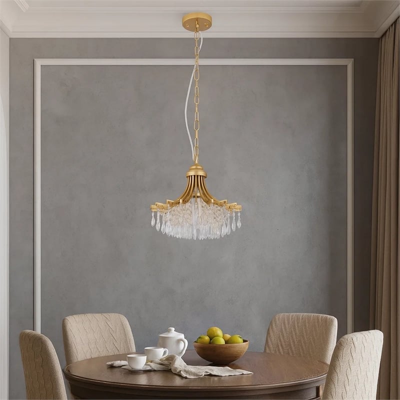 Benjara Accent Chandelier- Classic Crystal Inspired Cascade Gold Metal 12 Inch