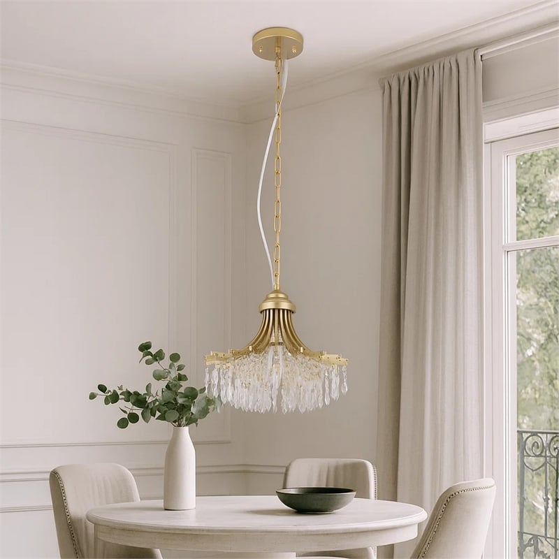 Benjara Accent Chandelier- Classic Crystal Inspired Cascade Gold Metal 12 Inch