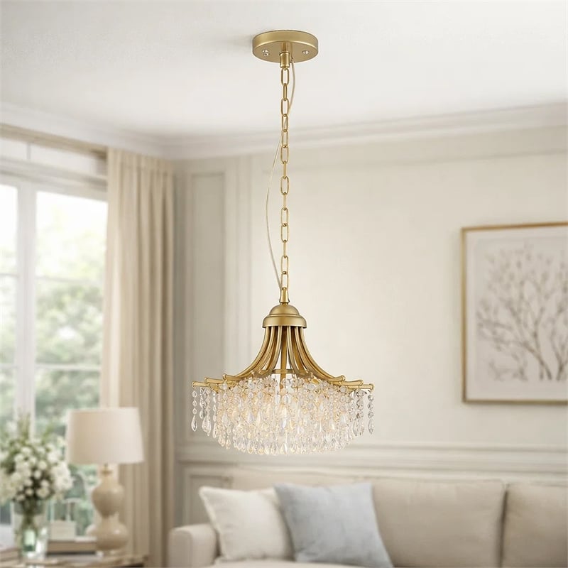 Benjara Accent Chandelier- Classic Crystal Inspired Cascade Gold Metal 12 Inch
