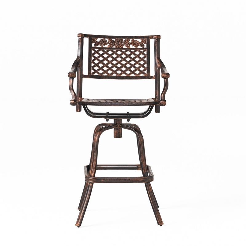 Benjara Kaven Outdoor Swivel Barstool Chair- Copper Brown Metal Lattice Design