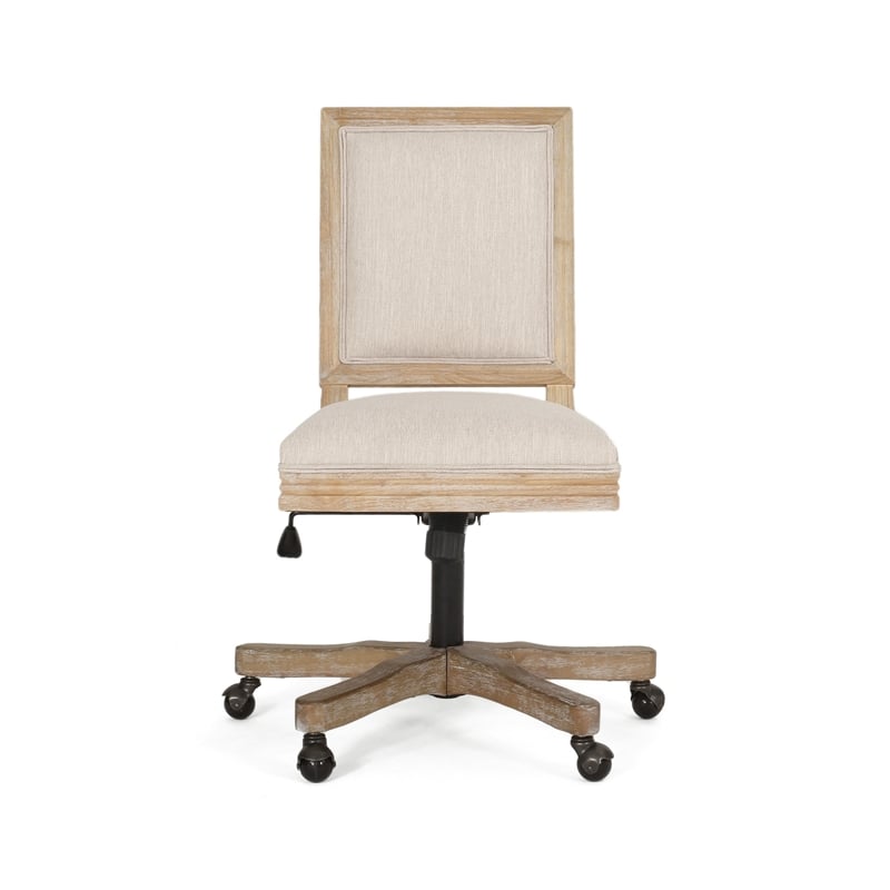 Benjara Swivel Rolling Office Chair- Beige Fabric- Weathered Light Brown Wood