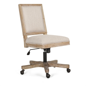 Benjara Swivel Rolling Office Chair- Beige Fabric- Weathered Light Brown Wood