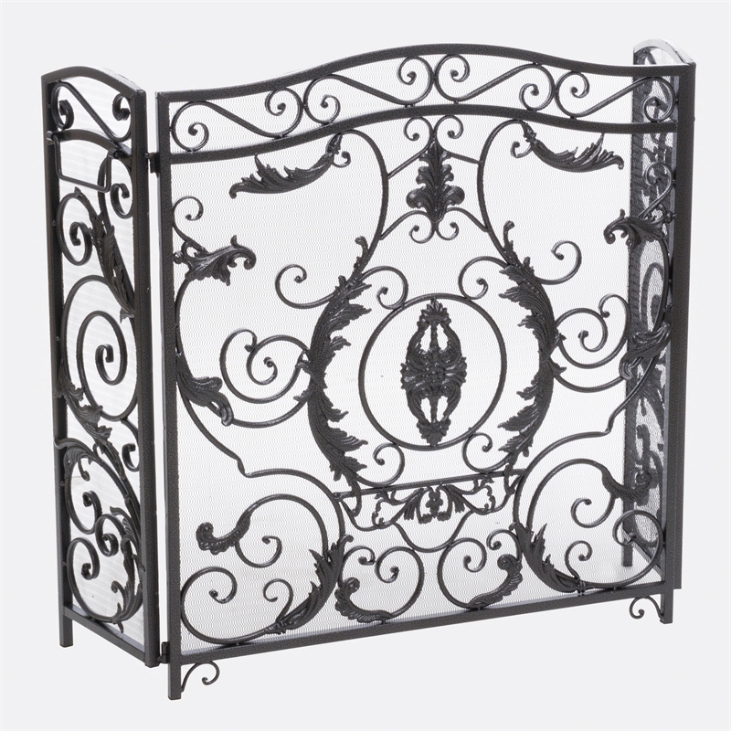 Benjara Fireplace Screen- Scrollwork Mesh Design- Iron w Black- Silver Finish