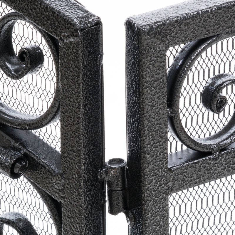Benjara Fireplace Screen- Scrollwork Mesh Design- Iron w Black- Silver Finish