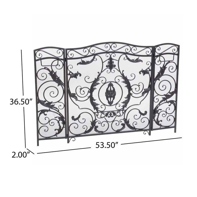 Benjara Fireplace Screen- Scrollwork Mesh Design- Iron w Black- Silver Finish