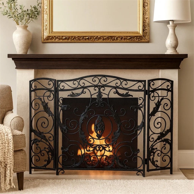 Benjara Fireplace Screen- Scrollwork Mesh Design- Iron w Black- Silver Finish