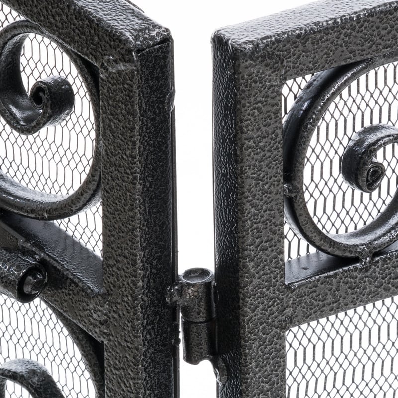 Benjara Fireplace Screen- Scrollwork Mesh Design- Iron w Black- Silver Finish