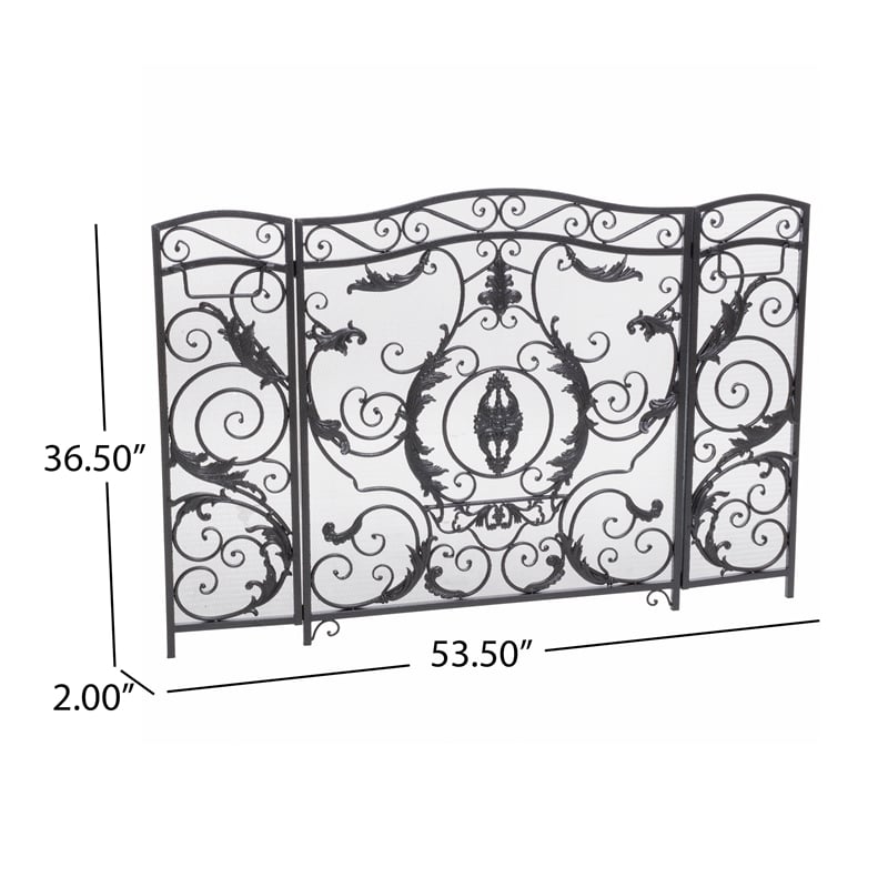 Benjara Fireplace Screen- Scrollwork Mesh Design- Iron w Black- Silver Finish