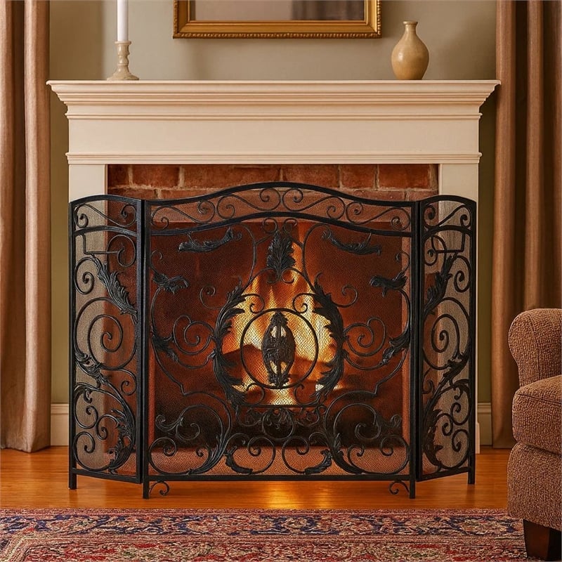 Benjara Fireplace Screen- Scrollwork Mesh Design- Iron w Black- Silver Finish