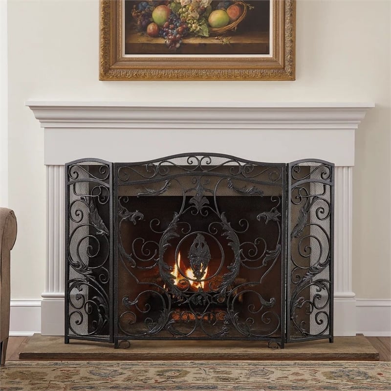 Benjara Fireplace Screen- Scrollwork Mesh Design- Iron w Black- Silver Finish