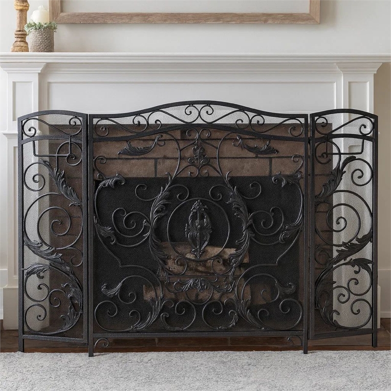 Benjara Fireplace Screen- Scrollwork Mesh Design- Iron w Black- Silver Finish