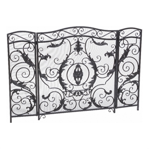 Benjara Fireplace Screen- Scrollwork Mesh Design- Iron w Black- Silver Finish