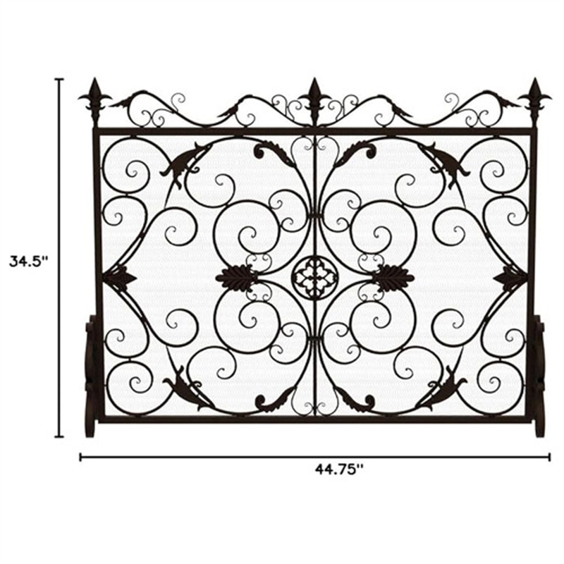 Benjara Fireplace Screen- Scrollwork Design- Iron- 45x35 Black- Gold Finish