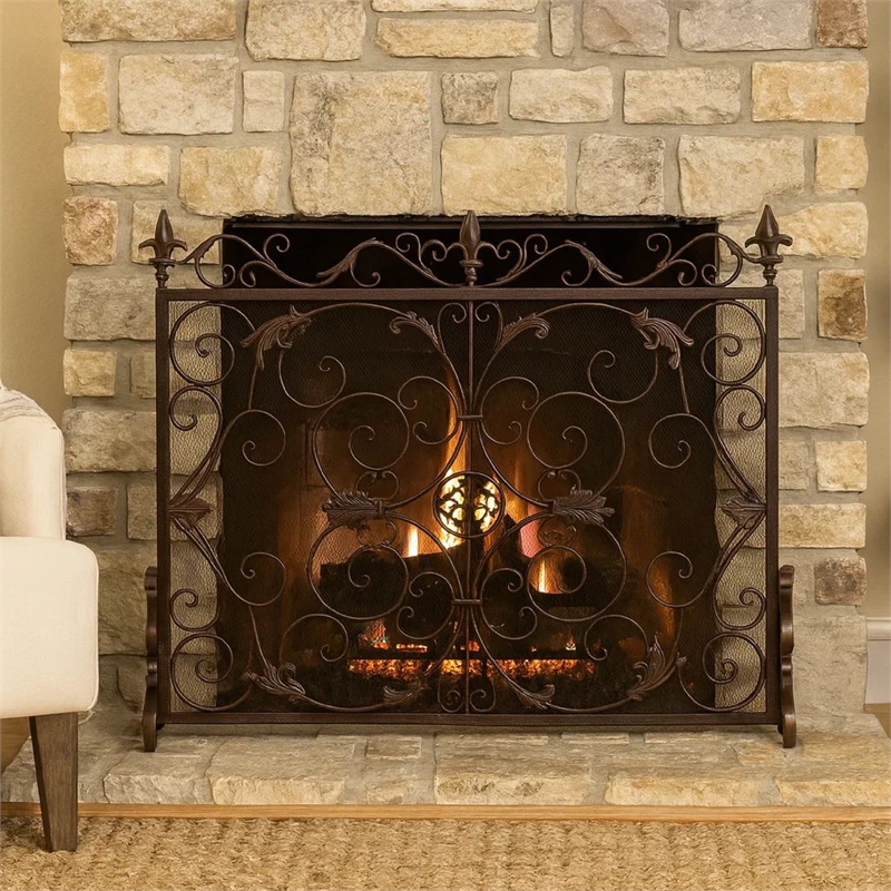 Benjara Fireplace Screen- Scrollwork Design- Iron- 45x35 Black- Gold Finish