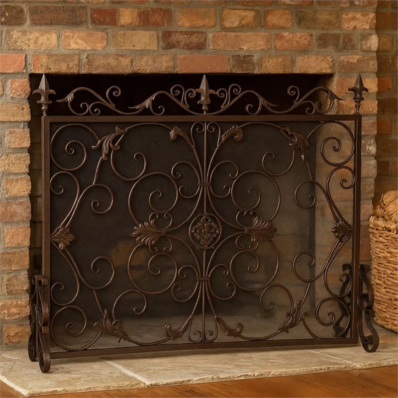 Benjara Fireplace Screen- Scrollwork Design- Iron- 45x35 Black- Gold Finish