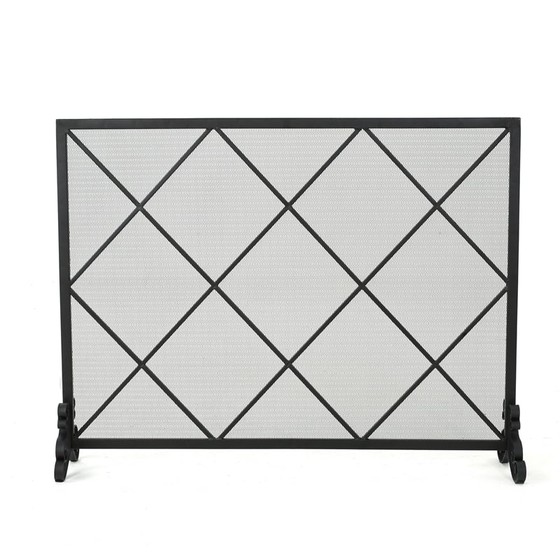 Benjara Fireplace Screen- Classic Diamond Shape with Mesh- 41x32 Black Finish