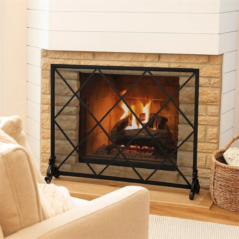 Benjara Fireplace Screen- Classic Diamond Shape with Mesh- 41x32 Black Finish