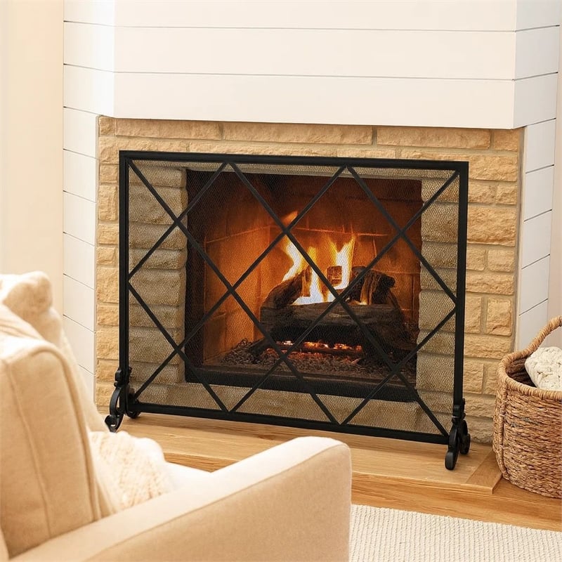 Benjara Fireplace Screen- Classic Diamond Shape with Mesh- 41x32 Black Finish