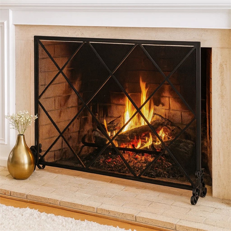 Benjara Fireplace Screen- Classic Diamond Shape with Mesh- 41x32 Black Finish