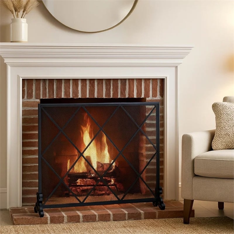Benjara Fireplace Screen- Classic Diamond Shape with Mesh- 41x32 Black Finish